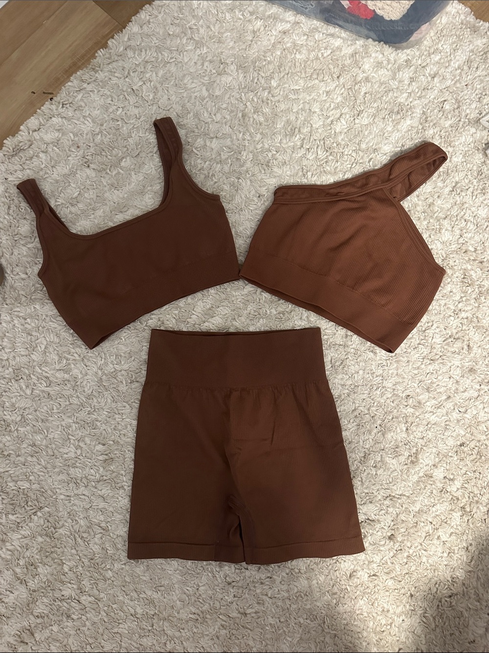 Brown Ribbed Active Set - Crop Tops & High-Waist Shorts